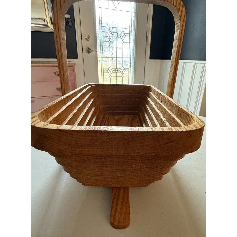 MCM Folding Collapsible Rectangle Wooden Fruit Basket With Handle Walter B Holts